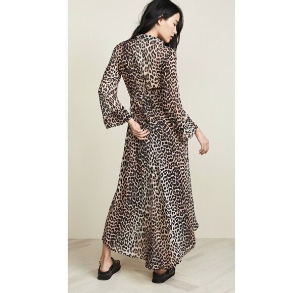 GANNI Mullin Georgette Leopard Print Wrap Maxi Dress Brown Women's 36 US S NEW - Picture 3 of 11